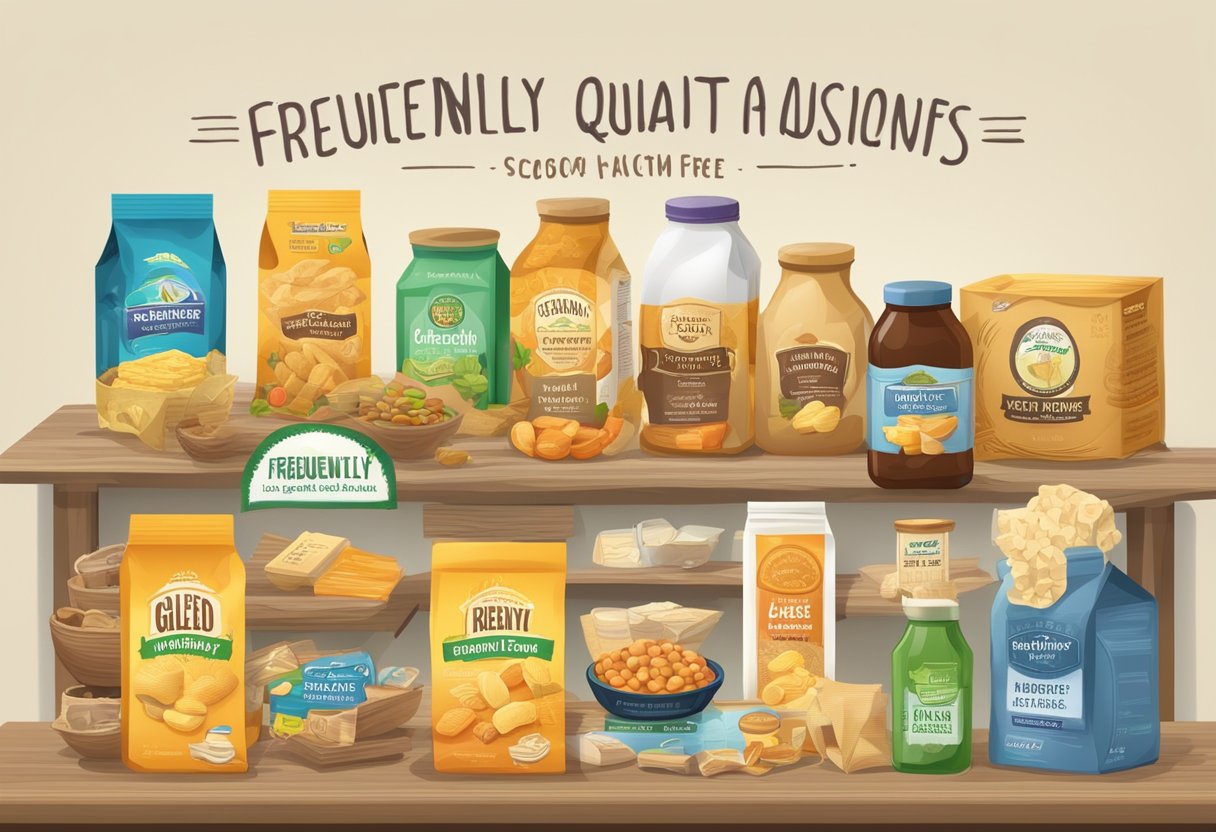 A table with various gluten-free packaged foods, price tags, and a sign reading "Frequently Asked Questions" about quality and cost
