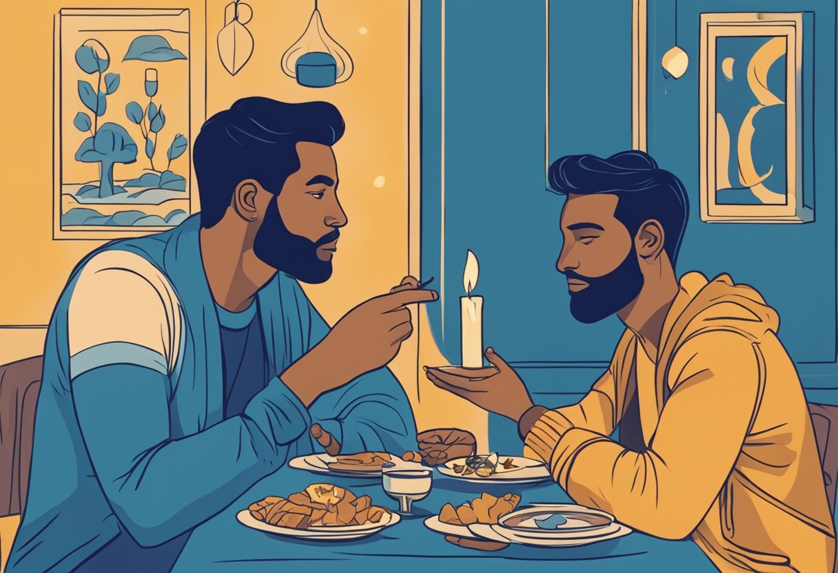 A Taurus man sitting with his partner in a cozy, candlelit room, sharing a meal and deep conversation