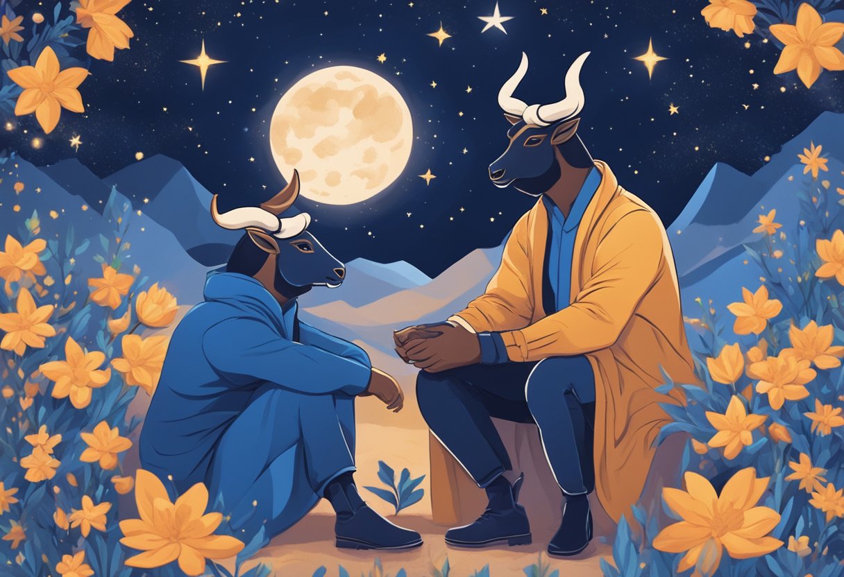A Taurus man sits under a starry sky, surrounded by blooming flowers and a warm, cozy atmosphere, gazing lovingly at his partner