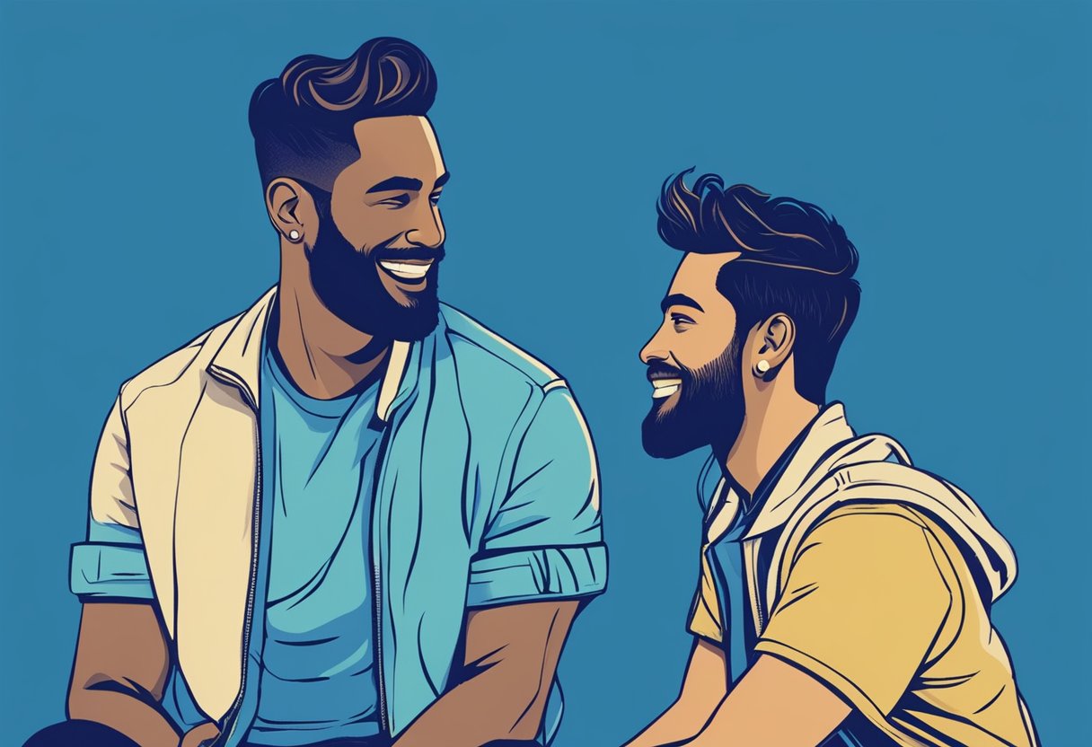 A Taurus man and his partner sit facing each other, smiling and engaged in deep conversation, exuding a sense of trust and connection