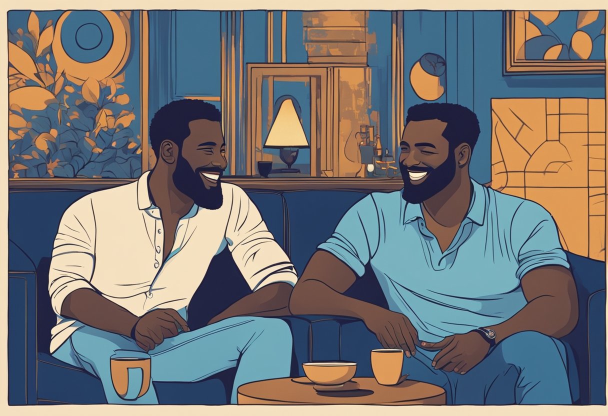 A Taurus man sits across from his partner, holding eye contact and smiling. They are engaged in deep conversation, surrounded by cozy furnishings and warm lighting
