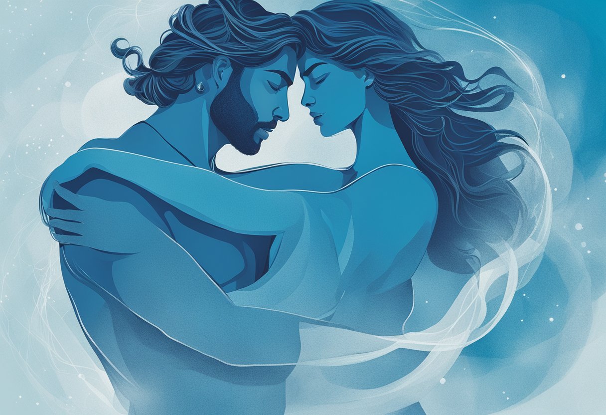 A Taurus man and his partner embrace passionately, their bodies entwined in a sensual dance of love and desire. The air is filled with an intense energy, as they express their deep connection and raw sexuality
