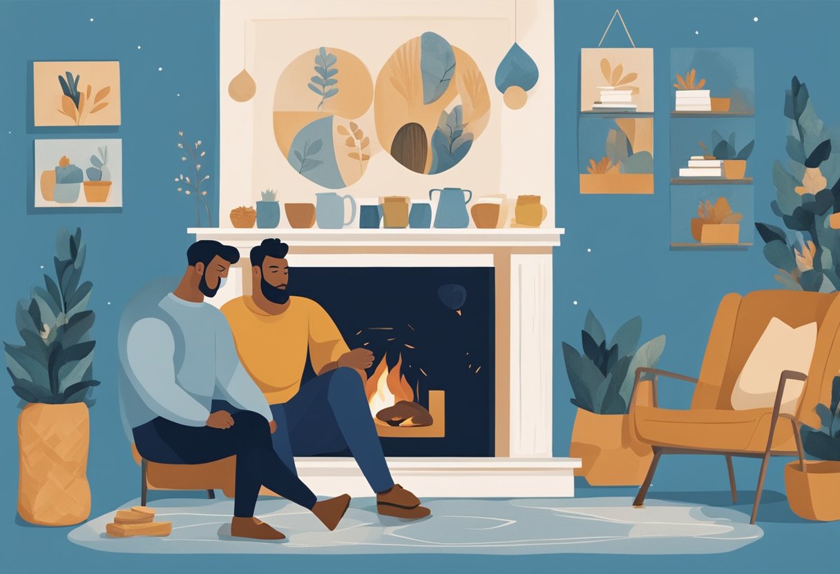 A Taurus man sits beside a cozy fireplace, holding hands with his partner. A calendar on the wall shows the passing of time, symbolizing their long-term commitment