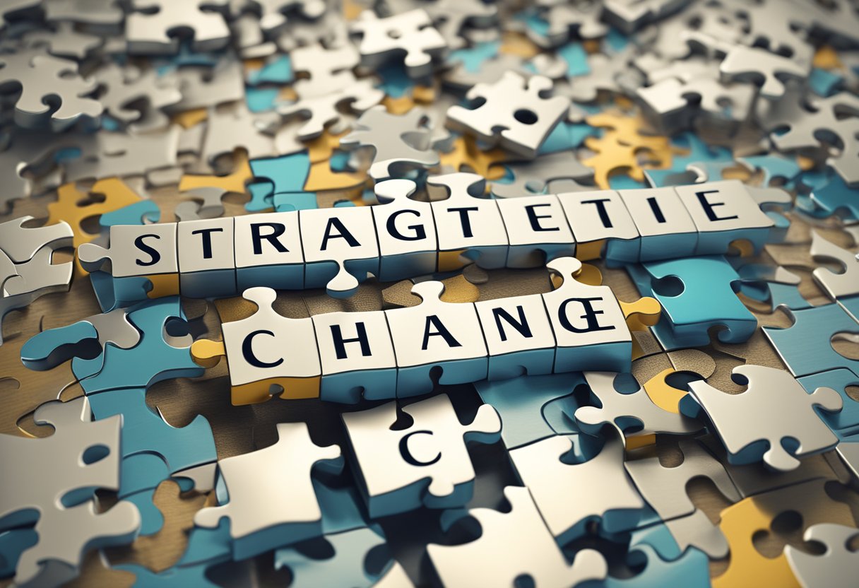 A puzzle with the words "Strategic Management and Adaptation to Change. Discover the Secret Code to Become an Unbeatable Leader in the Digital Age."