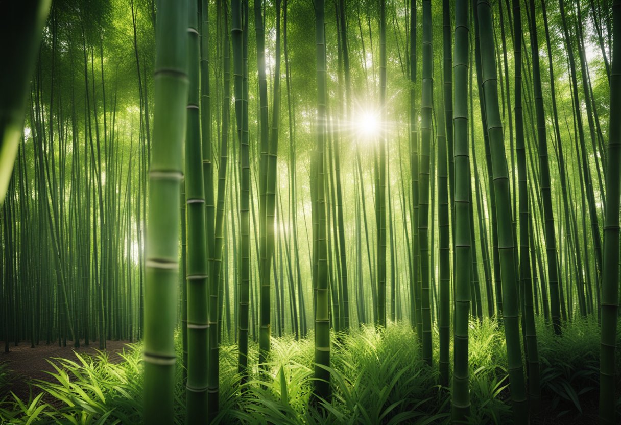 A serene bamboo forest with sunlight streaming through the tall, slender stalks, casting dappled shadows on the ground. The lush green leaves rustle gently in the breeze, creating a peaceful and eco-friendly atmosphere