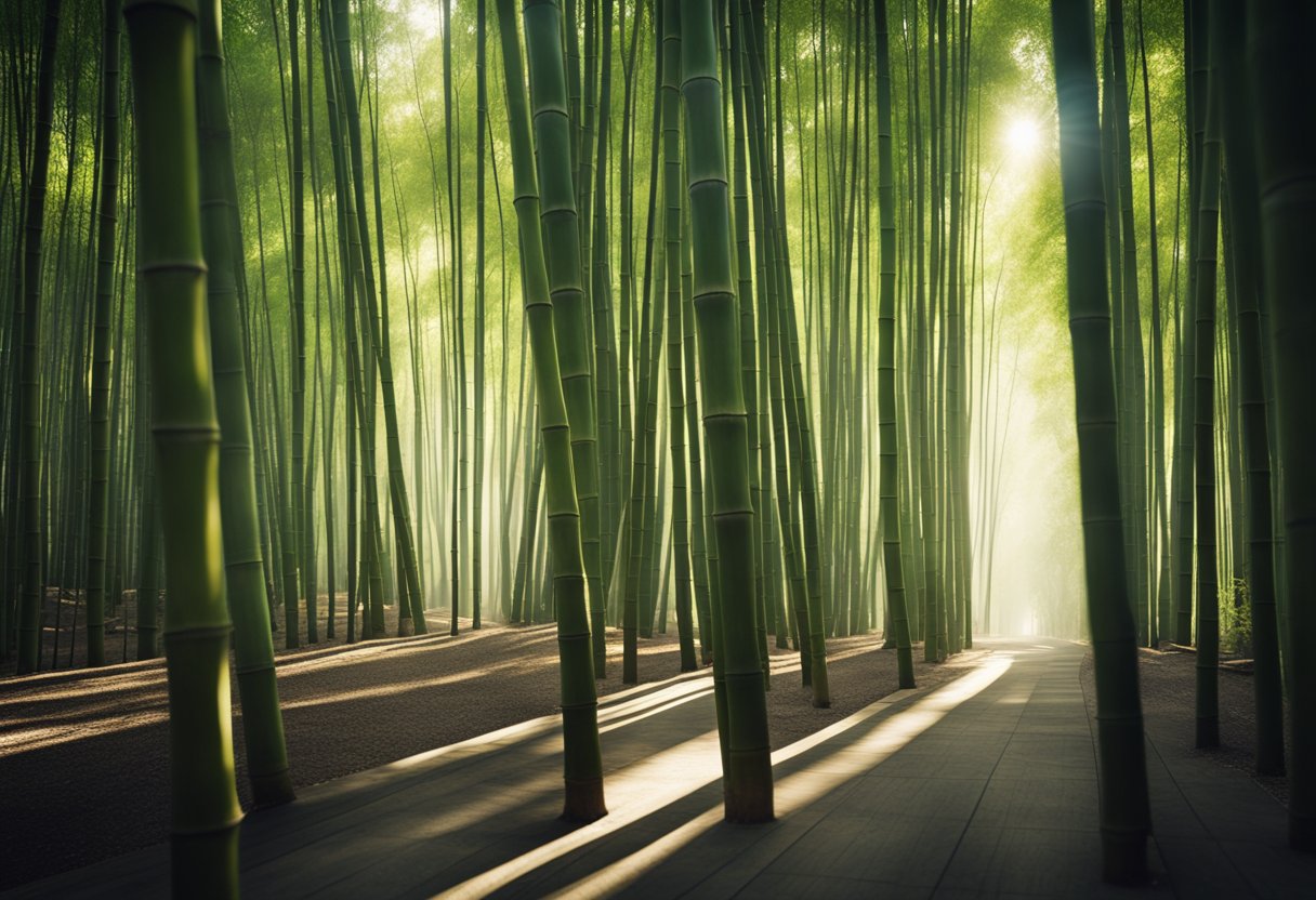 A serene bamboo forest with sunlight filtering through the tall, slender stalks, casting dappled shadows on the smooth, eco-friendly flooring below