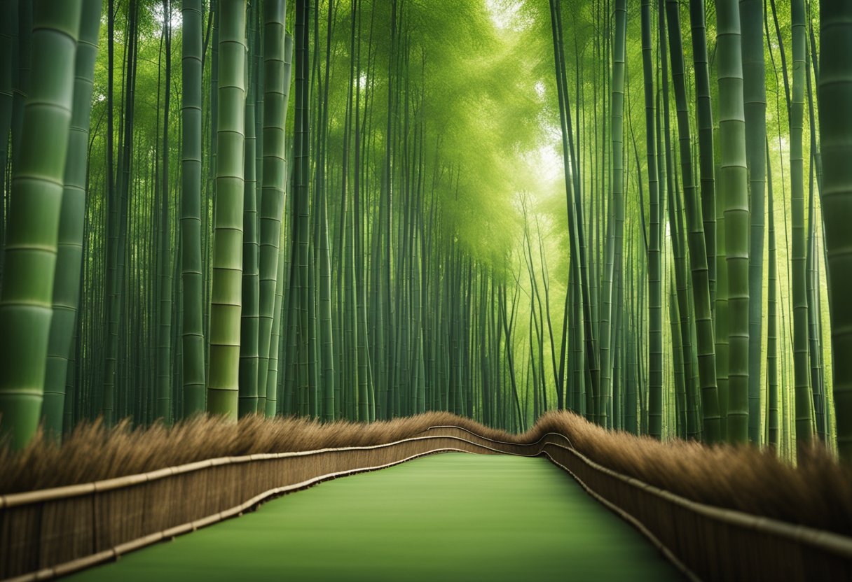 A serene bamboo forest with lush greenery and a peaceful ambiance, showcasing the eco-friendly beauty of Bamboo Bliss flooring solutions