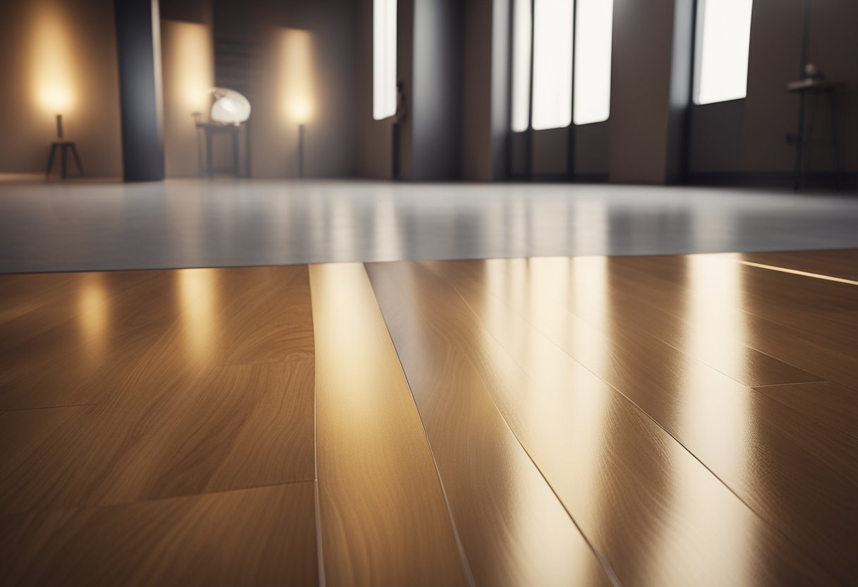 A shiny laminate floor catches the light, reflecting a warm, luxurious glow. The surface is smooth and sleek, with a subtle sheen that adds a touch of elegance to the room