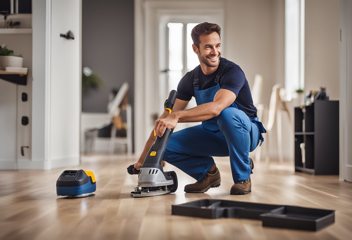 A professional kneeling, installing a glossy laminate floor with precision tools and a satisfied smile