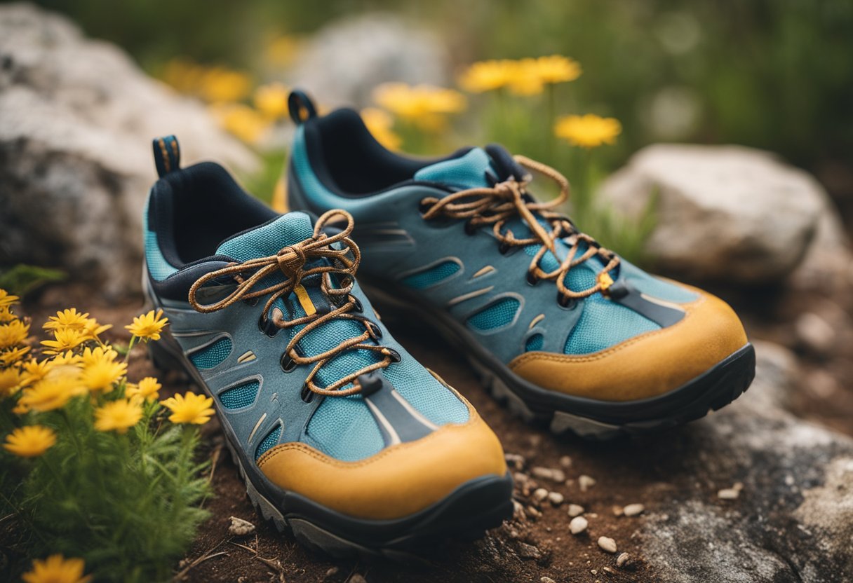 A pair of barefoot hiking shoes on a rugged trail, surrounded by rocks and wildflowers