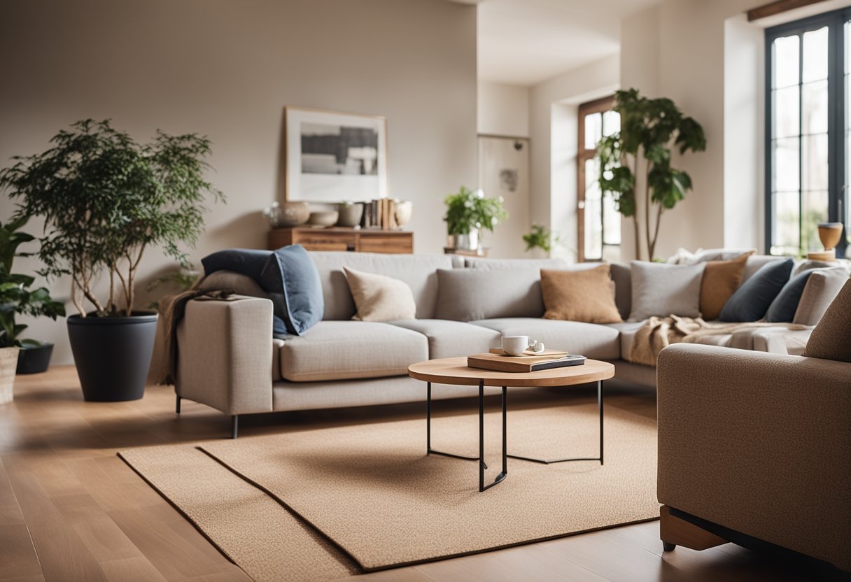 A cozy living room with cork flooring, warm natural light, and comfortable furniture