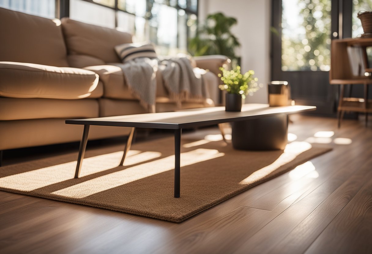 A cozy living room with cork flooring, sunlight streaming in, and a warm, inviting atmosphere