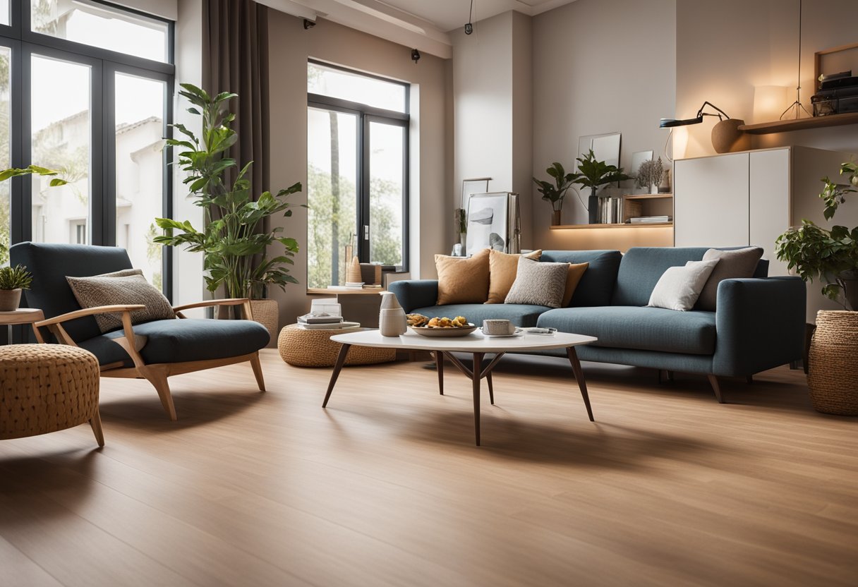 A cozy living room with a cork flooring installation, a warm and inviting atmosphere, with furniture and decor creating a comfortable and natural feel