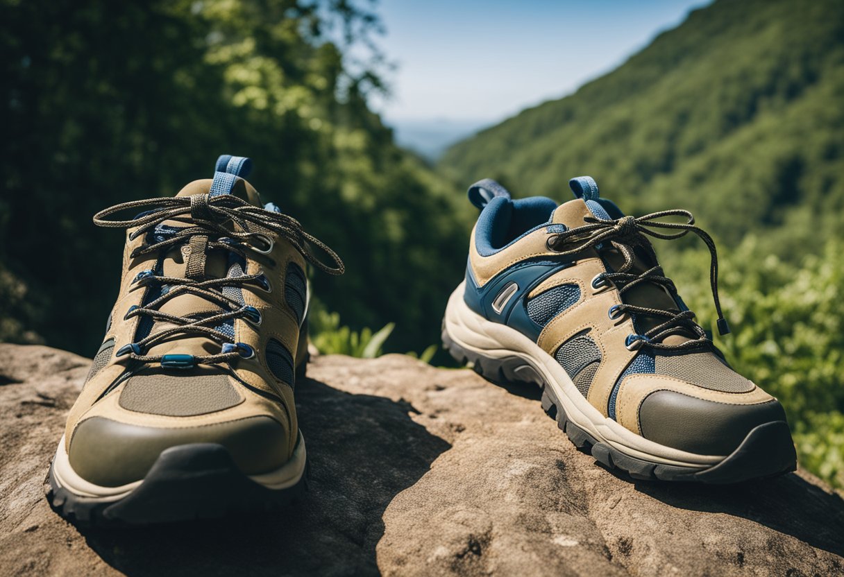 Barefoot hiking shoes displayed on a rocky trail with a backdrop of lush greenery and a clear blue sky