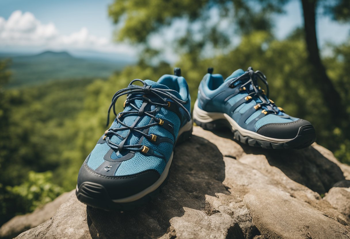 A pair of barefoot hiking shoes sits on a rocky trail, surrounded by lush greenery and a clear blue sky