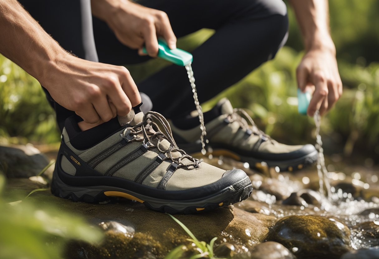 A pair of barefoot hiking shoes being cleaned with a gentle brush and soapy water, then left to air dry in a sunny outdoor setting