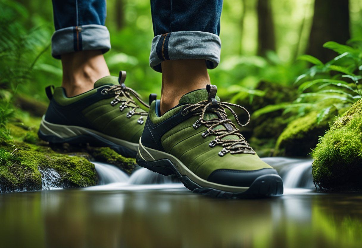 A lush forest with a clear stream and diverse wildlife, showcasing a pair of barefoot hiking shoes made from sustainable materials