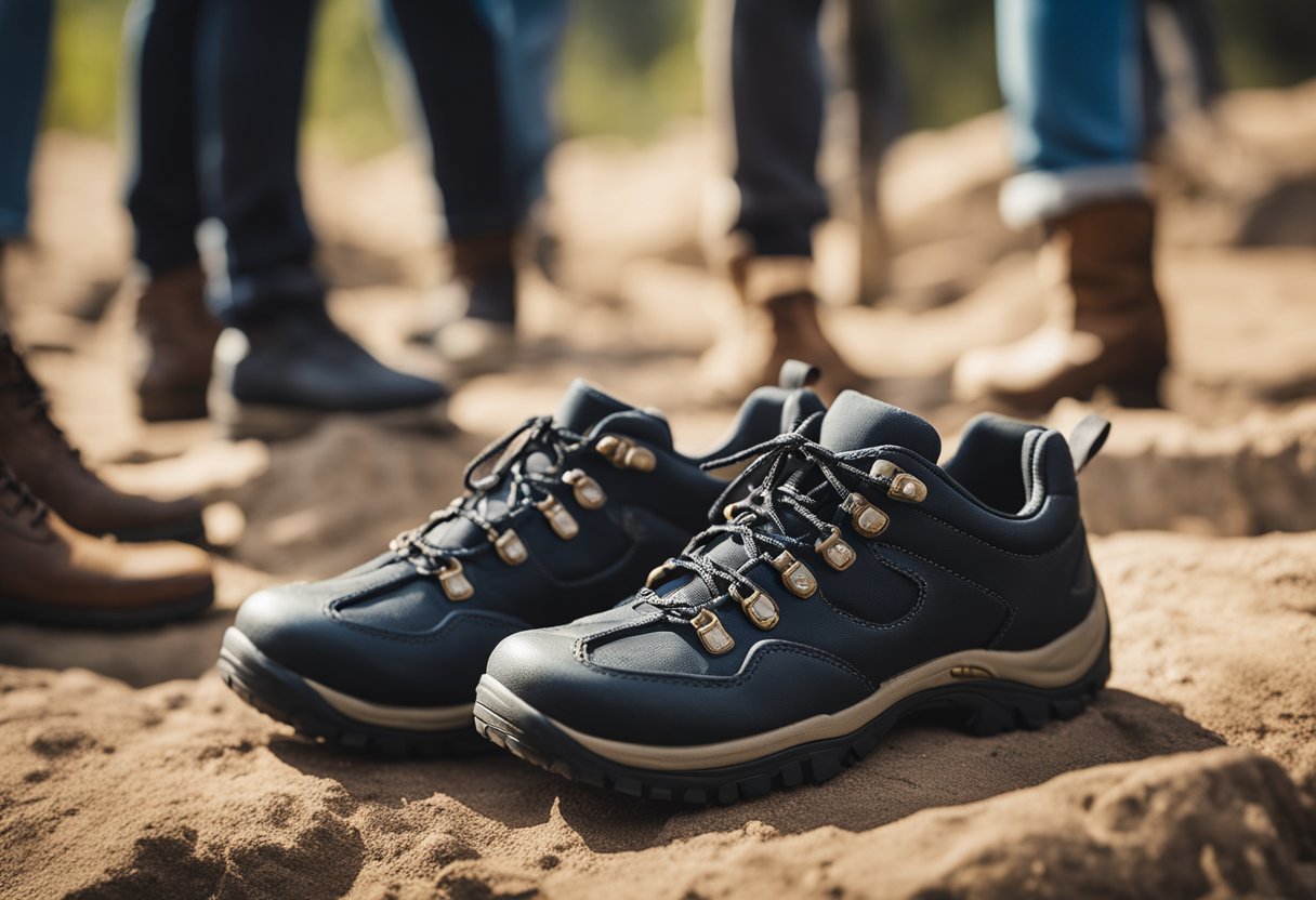 A pair of barefoot hiking shoes surrounded by question marks and a crowd of curious onlookers