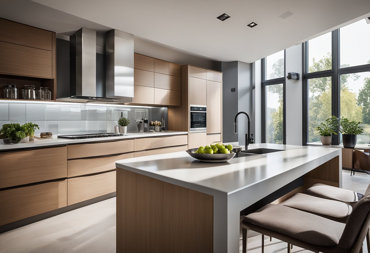 A sleek, modern kitchen with high-tech appliances and versatile storage solutions. The space is filled with natural light, showcasing the engineered excellence of the design