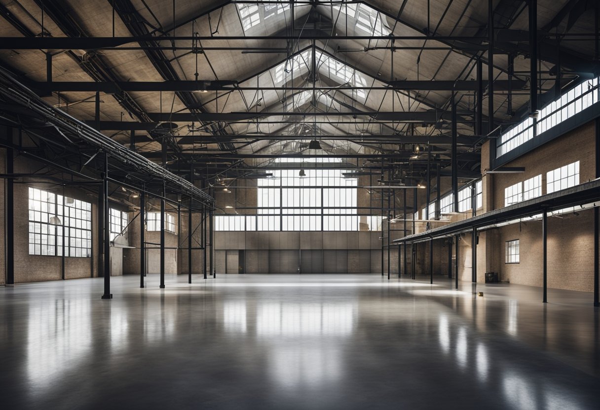 A large, open loft space with polished concrete floors, exposed metal beams, and industrial-style lighting fixtures