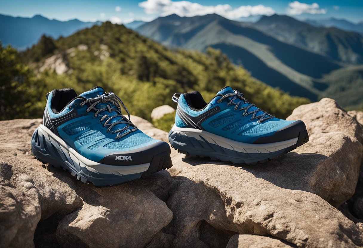 A pair of Hoka hiking shoes for men, set against a rugged mountain trail with a backdrop of lush greenery and a clear blue sky