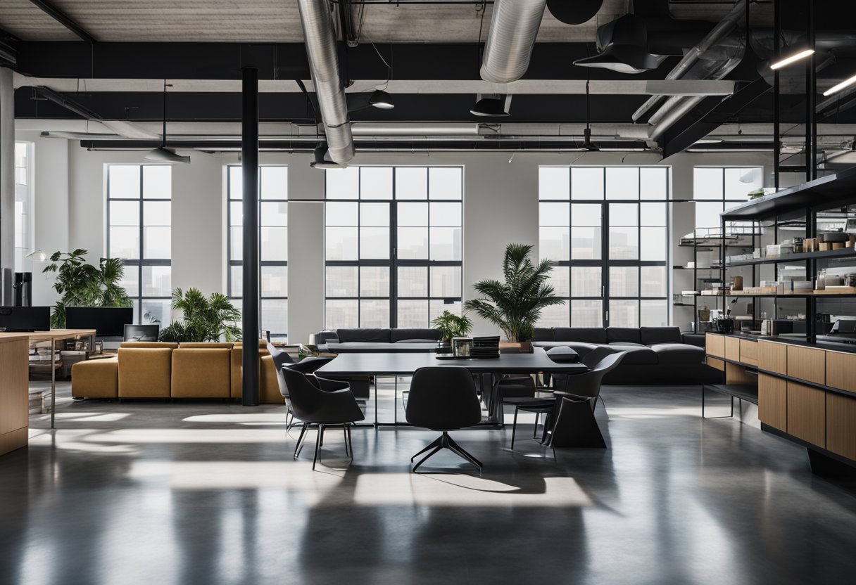 A sleek, modern industrial space with polished concrete floors, exposed metal beams, and minimalist furniture