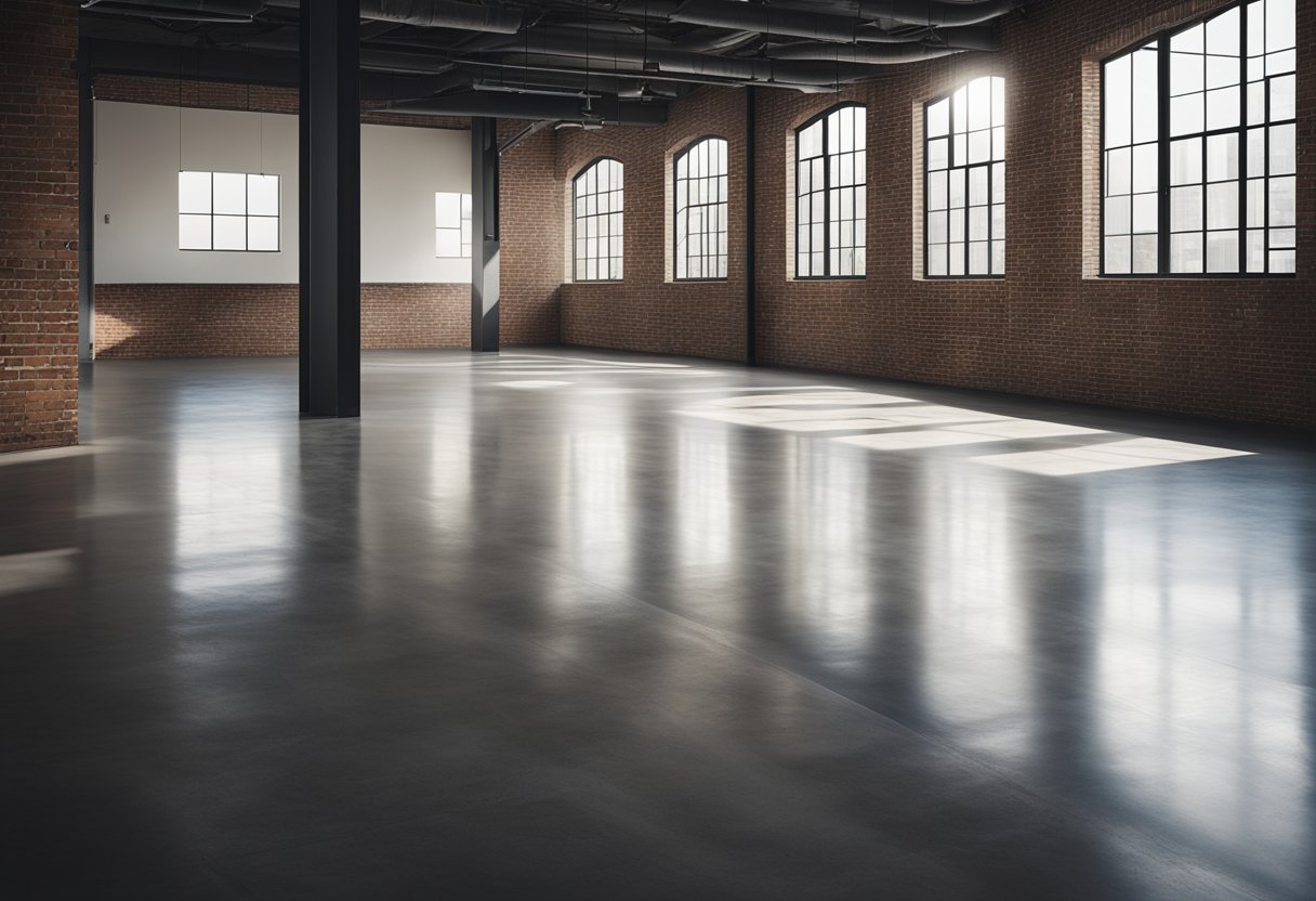 A spacious loft with polished concrete floors, exposed brick walls, and minimalist furniture. Large windows let in natural light, casting shadows on the sleek, industrial-inspired flooring