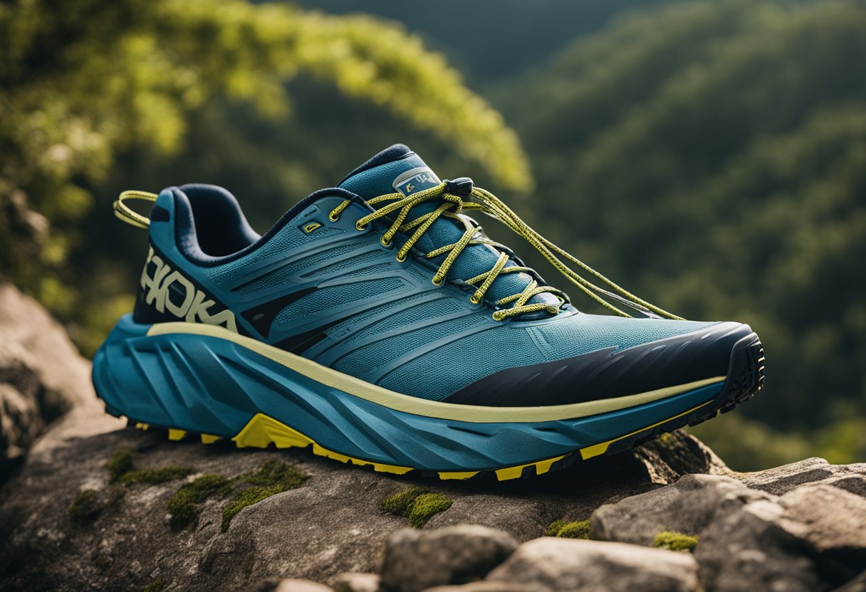 A pair of Hoka hiking shoes for men, with a durable rubber sole, cushioned midsole, and breathable mesh upper, surrounded by rocky terrain and lush greenery