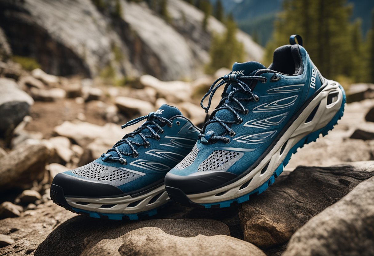 A pair of Hoka hiking shoes for men, with rugged soles and durable uppers, set against a backdrop of a mountain trail