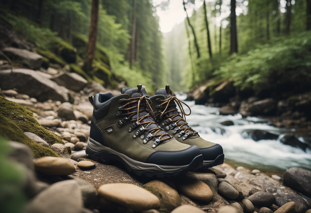 A pair of hiking shoes traverses a rocky trail, surrounded by towering trees and a flowing river