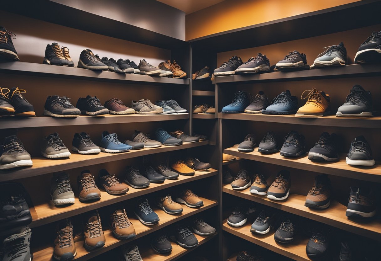 Various hiking shoes: low-cut, mid-cut, and high-cut, with different designs, colors, and materials, displayed on shelves in a specialty outdoor store