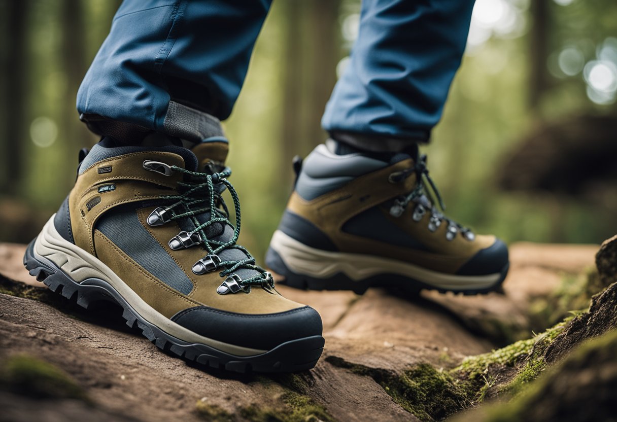 Sturdy hiking shoes with deep treads, reinforced toe caps, and cushioned ankle support