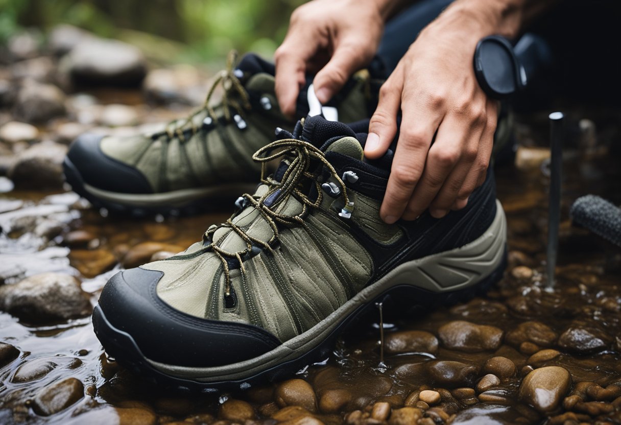 A pair of hiking shoes being cleaned and waterproofed with a brush and spray, then left to dry in a well-ventilated area