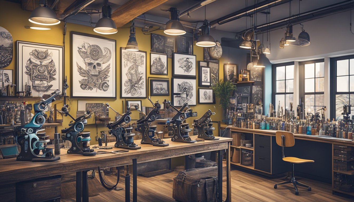 A colorful array of tattoo machines, ink bottles, and design sketches fill a stylish studio space, with vintage flash art adorning the walls