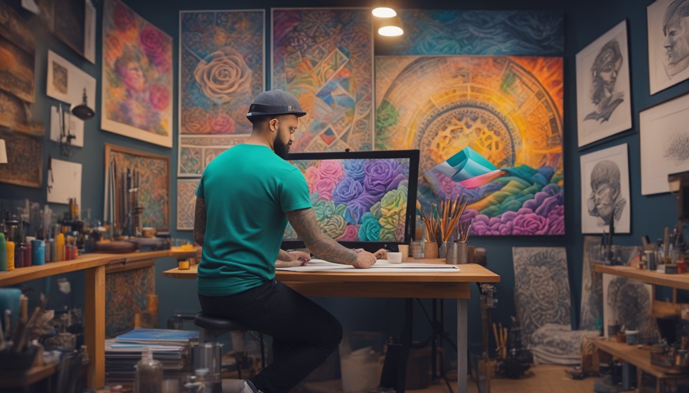 A tattoo artist creating intricate designs on a blank canvas, surrounded by vibrant colors and various tattoo equipment