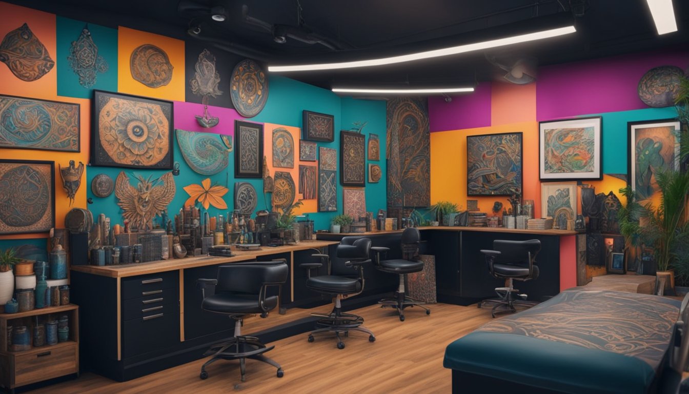 A vibrant and dynamic tattoo studio with bold colors, intricate patterns, and various tattoo designs displayed on the walls