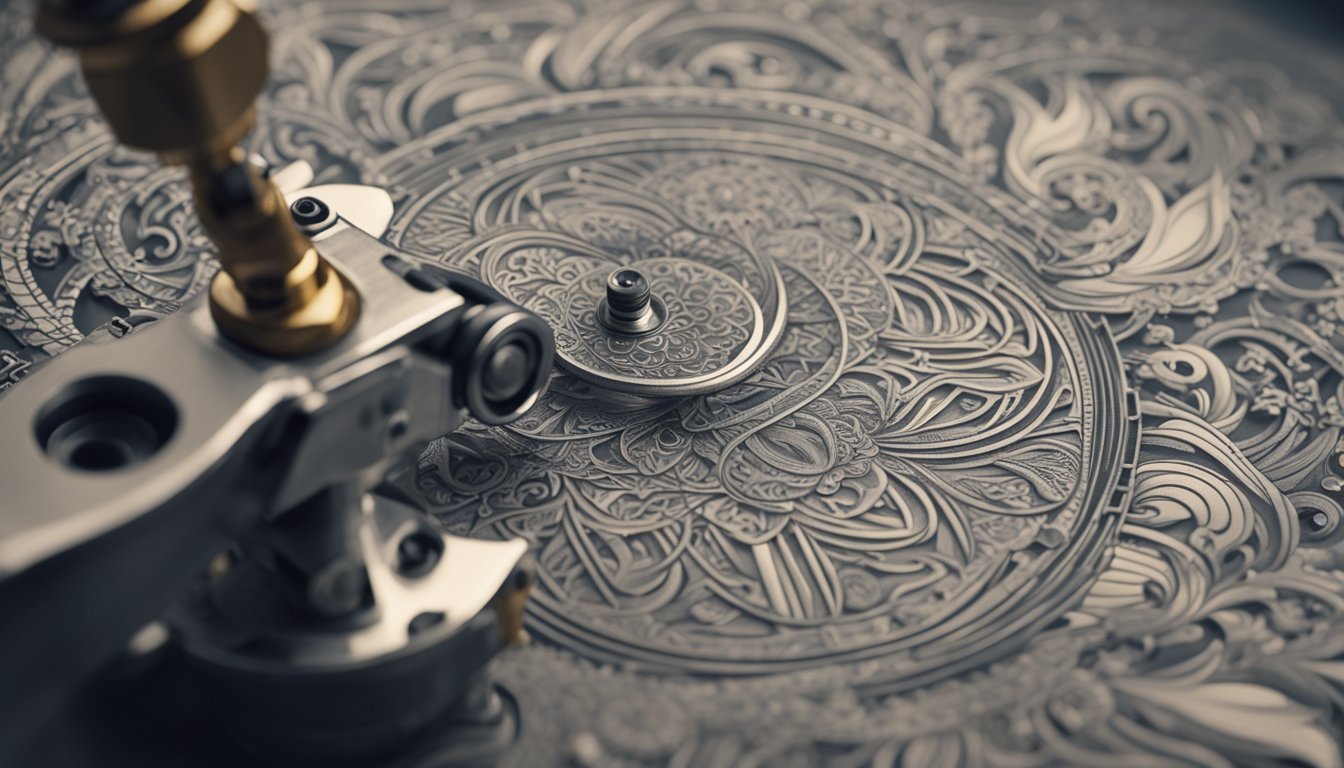 A tattoo machine softly hums as it delicately shades a swirling background of intricate patterns and designs. The artist's hand moves with precision, creating depth and dimension in the artwork