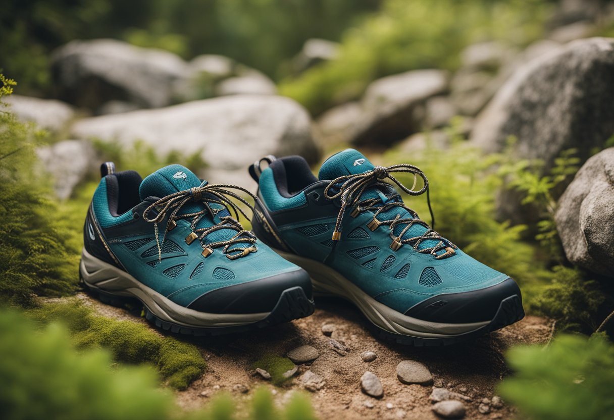 A pair of Brooks hiking shoes on a rugged trail, surrounded by rocks and lush greenery