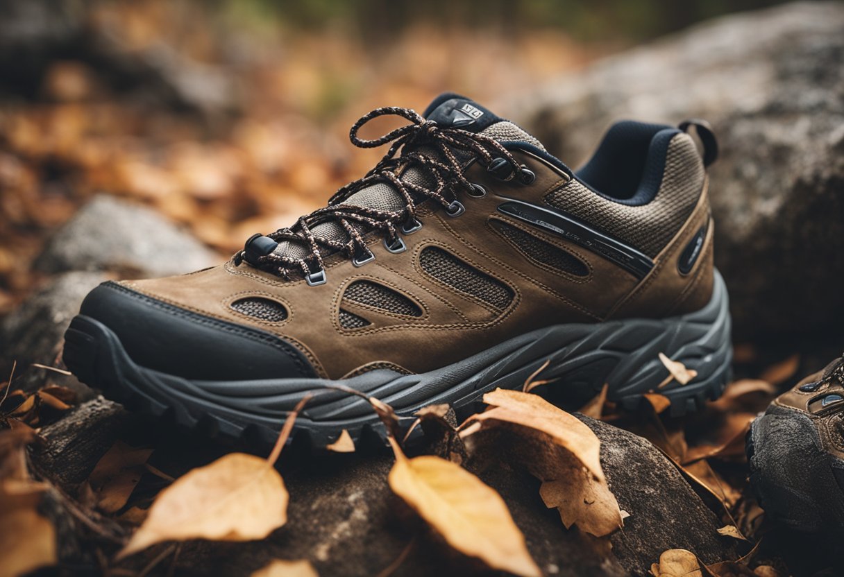 A pair of Brooks hiking shoes sits on a rugged trail, surrounded by rocks, dirt, and fallen leaves. The shoes are sturdy and well-worn, showing signs of outdoor adventure