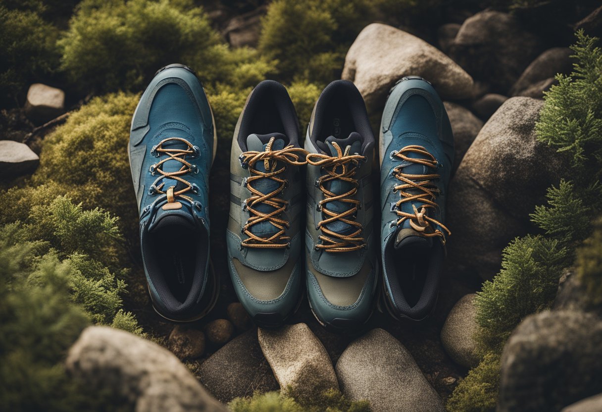 A variety of Brooks hiking shoes displayed on a rugged terrain with trees and rocks in the background