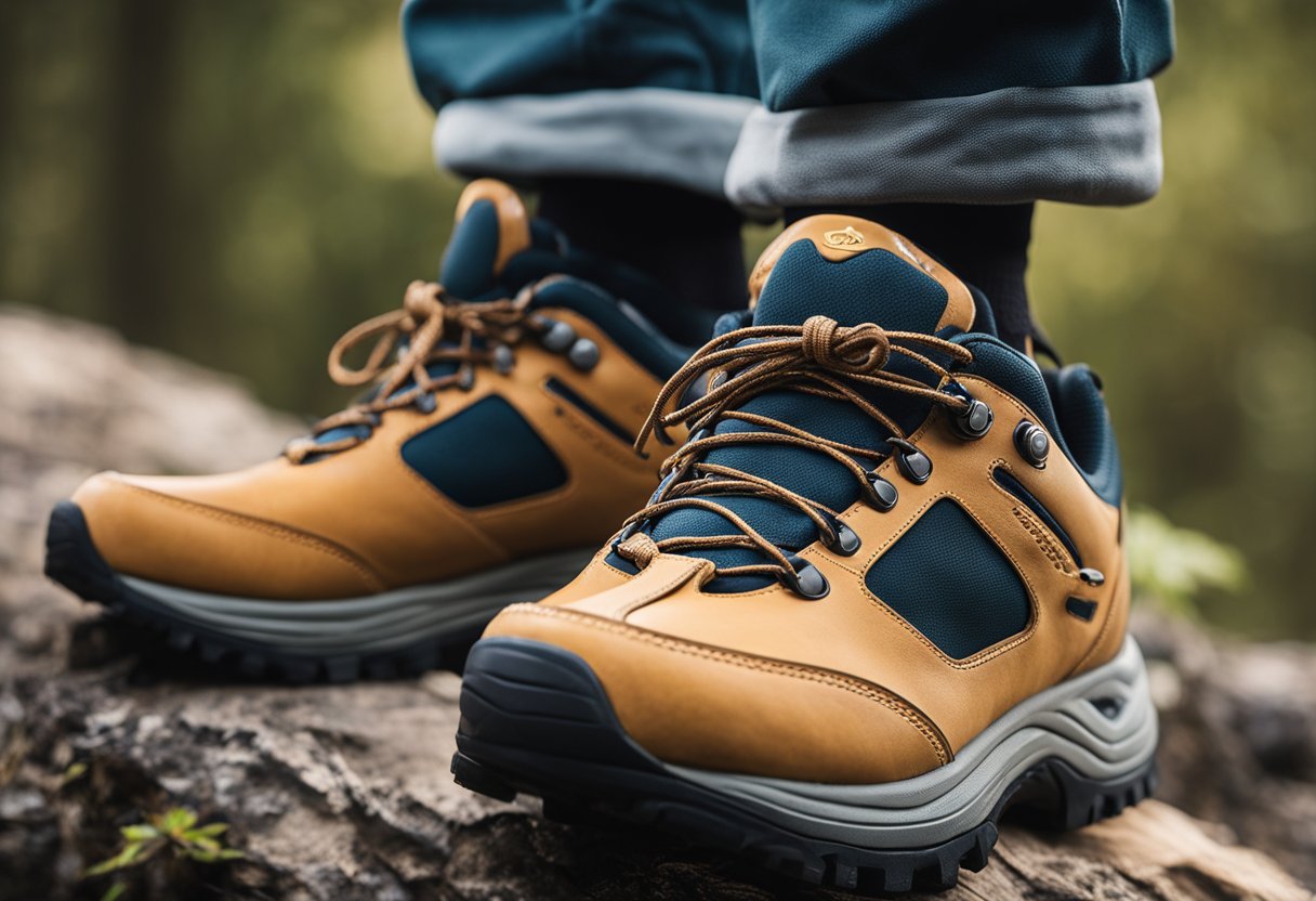 A pair of Brooks hiking shoes placed on a measuring tool to show accurate sizing and fit