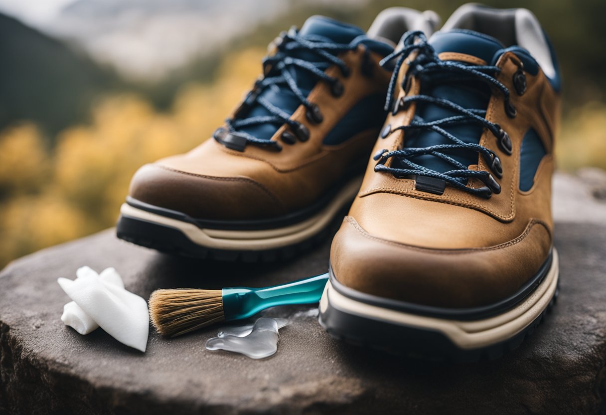 A pair of Brooks hiking shoes placed on a clean surface, with a soft-bristled brush, mild soap, and water nearby for cleaning. A tube of waterproofing wax and a cloth for application sit beside them