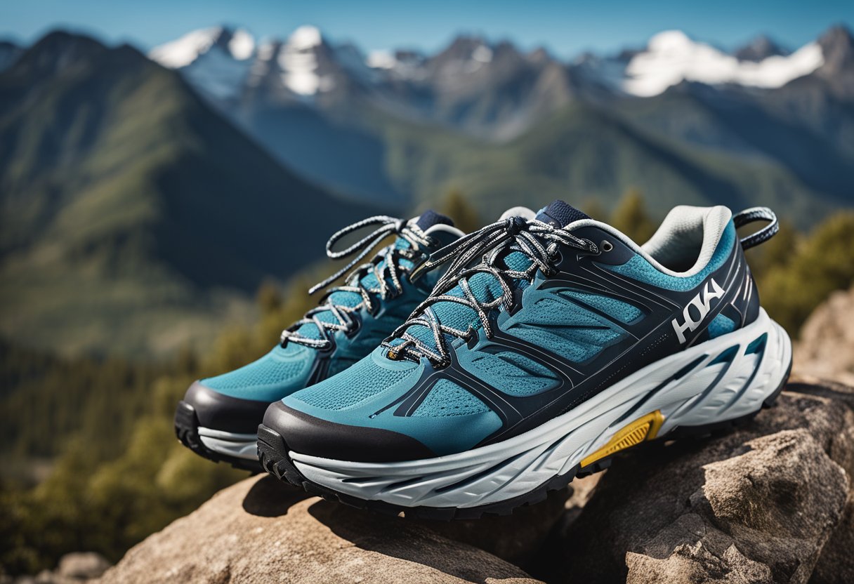 A pair of Hoka hiking shoes for women, featuring a sturdy sole, cushioned support, and a sleek, feminine design, placed against a backdrop of a rugged mountain trail