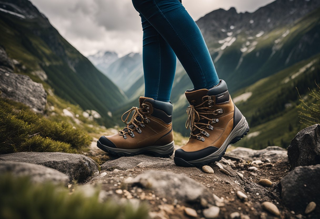 A woman's hiking boots surrounded by a mountain landscape with a clear trail leading into the distance