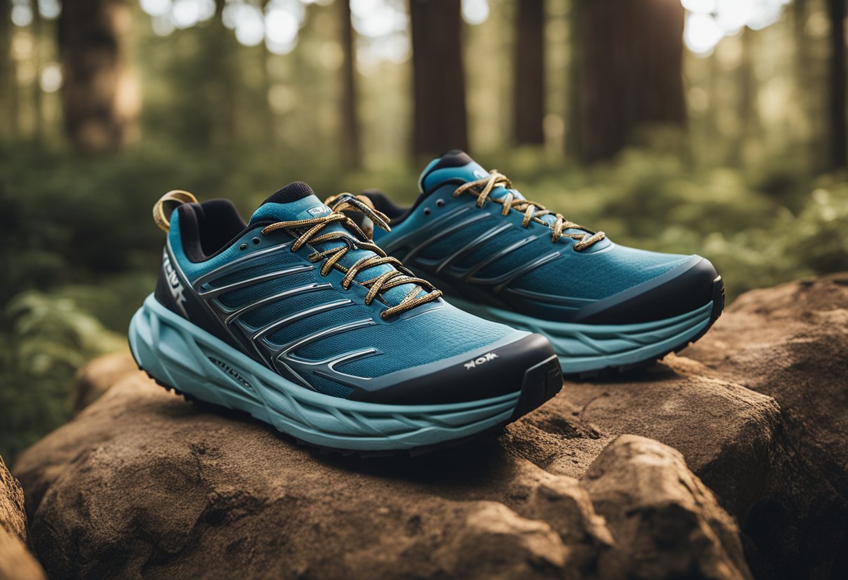 A pair of women's Hoka hiking shoes displayed with a sizing chart and fit guide, surrounded by outdoor elements like trees, rocks, and trails