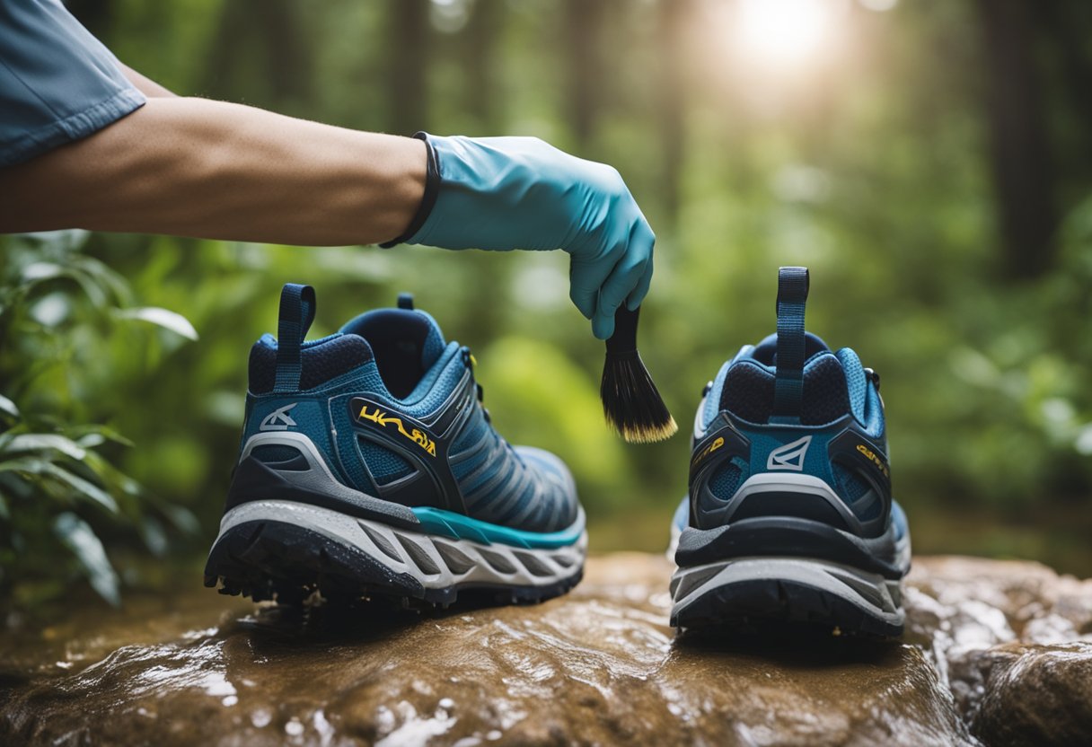 Hoka hiking shoes for women being cleaned and waterproofed with a brush and spray, then left to air dry in a well-ventilated area