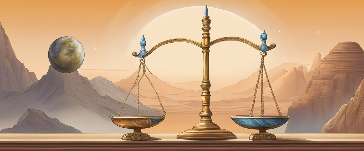 Mars in Libra: Scales balanced, Venus influence, harmony sought. Symbolic elements: scales, sword, and the planet Mars in a balanced position