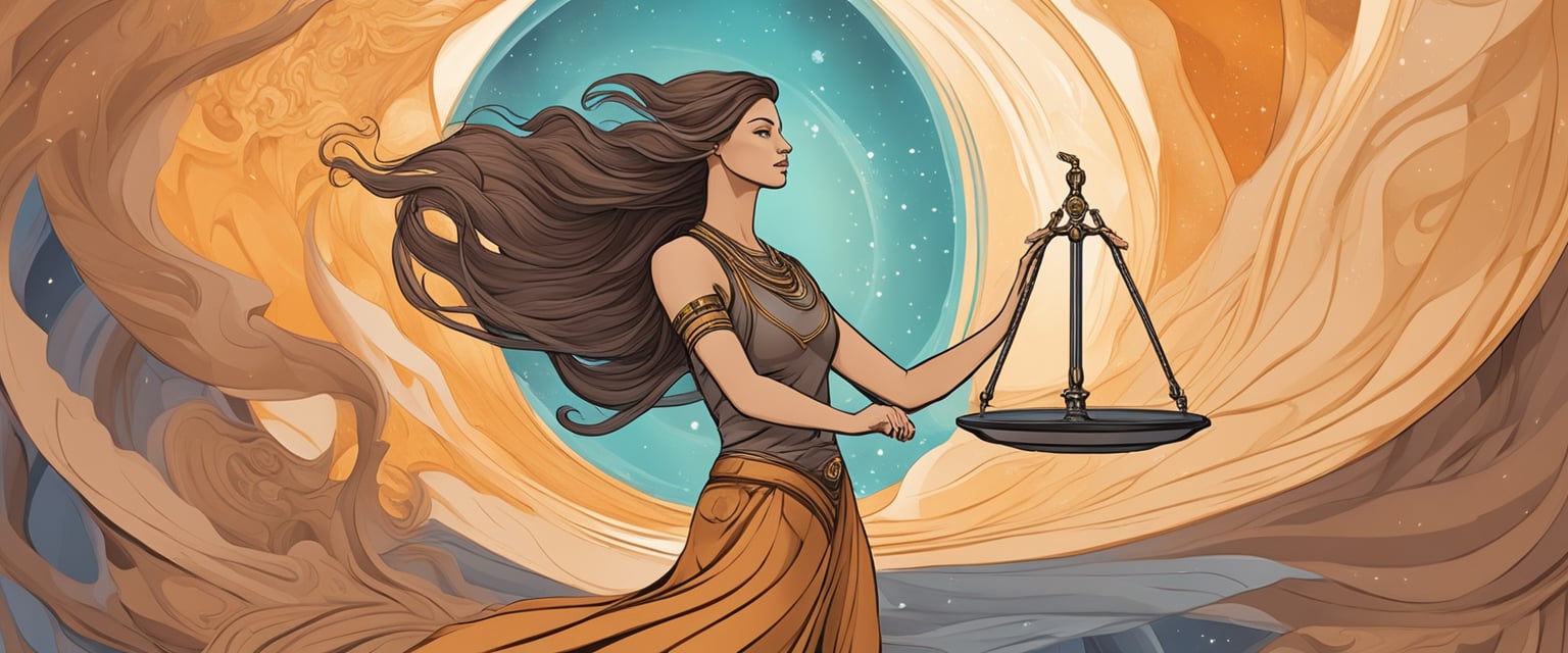 Mars in Libra woman: A balance scale surrounded by swirling energy, representing inner conflict and the struggle to find harmony in relationships