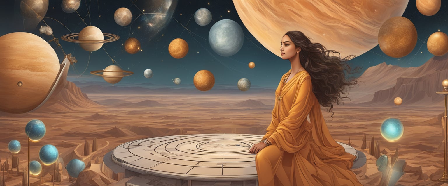 Mars in Libra woman surrounded by other astrological signs, indicating balance and harmony in relationships