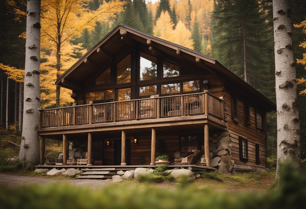 A cozy cabin nestled in the woods, featuring weathered, salvaged wood accents and a warm, inviting atmosphere